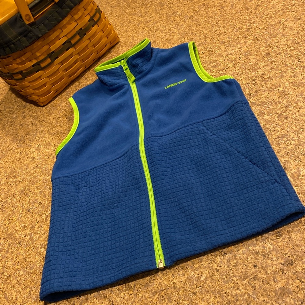 Land’s End Blue and Green Zip Up Fleece Vest Medium 8